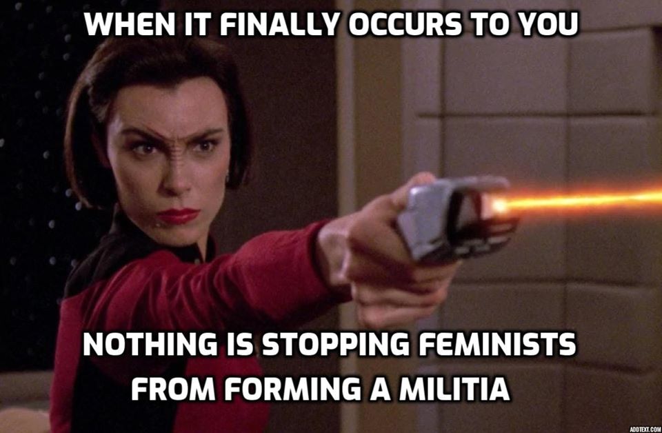 This meme is a humorous image featuring a character from a science fiction TV show (Star Trek: The Next Generation) holding a phaser and looking determined. The text overlaid on the image reads: "When it finally occurs to you: Nothing can stop a woman with a mission. NOTHING. Not even a horde of angry Klingons. Not even a 40-year-old man with a 3D printer. NOTHING."